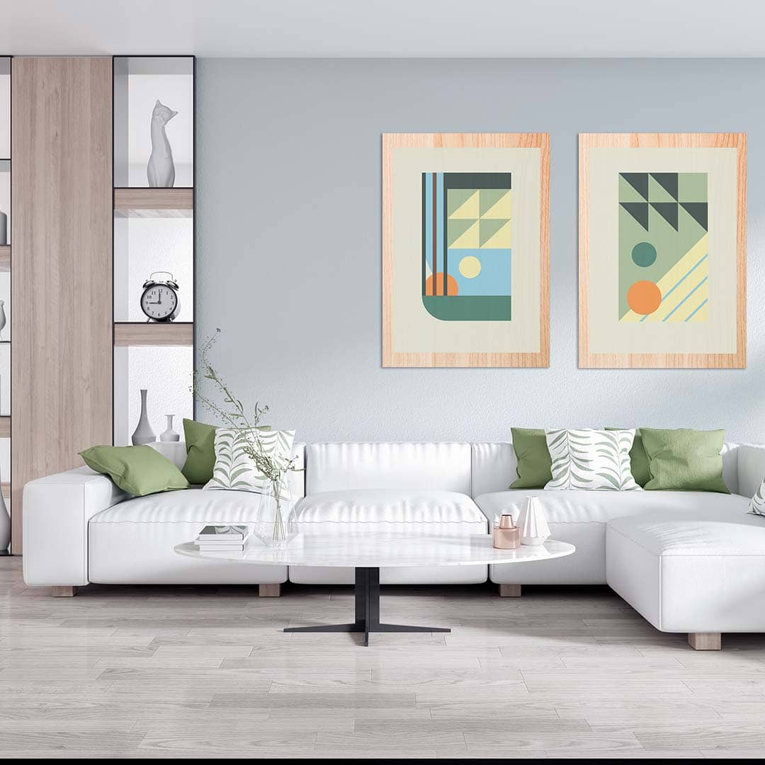 Ambiente de salón con los cuadros de la serie DUO SELVA
