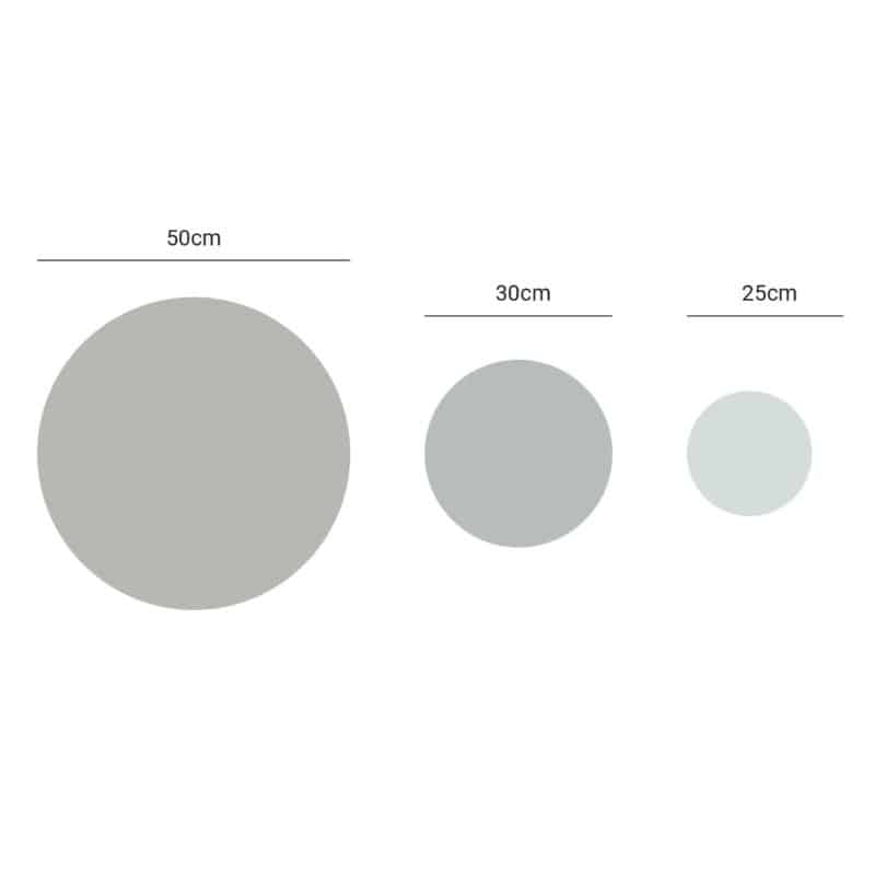 Detalle con el tamaño de los círculos de pvc de la serie monocromatico grey