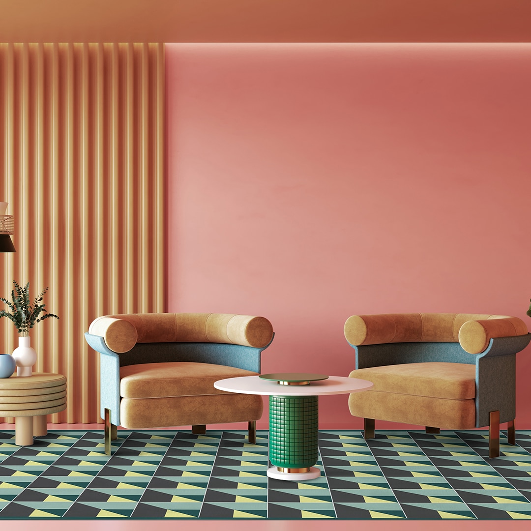 Ambiente de salón con la alfombra vinílica Cube Light Colors