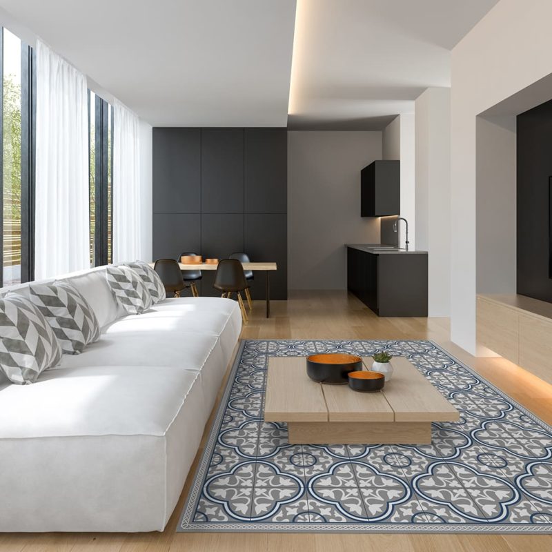 Ambiente de salón comedor con la alfombra de vinilo Granada Blue