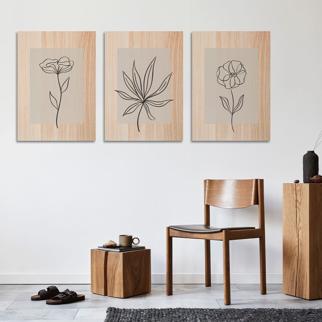 Ambiente con los tres cuadros de la colección Garden Soft